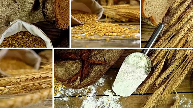 蒙太奇剪辑集显示一捆麦穗，面粉和面包在一张木桌上视频素材