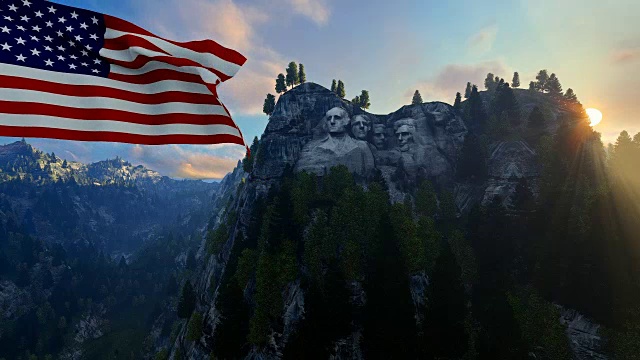 蓝天下的拉什莫尔山上飘扬着美国国旗视频下载