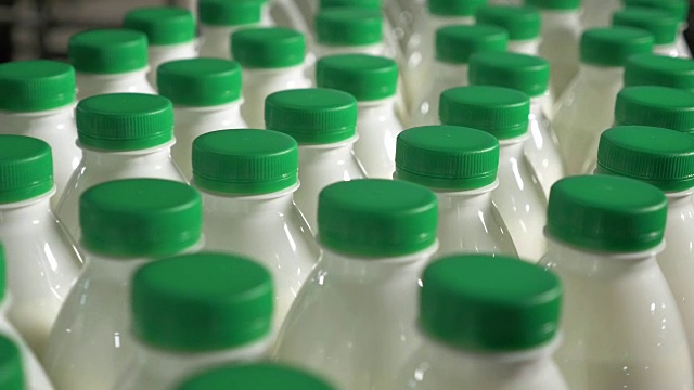 瓶子里的牛奶在传送带上移动。牛奶工厂的传送带上有绿色盖子的牛奶视频素材