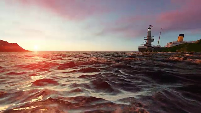 灯塔和泰坦尼克号在日落时航行视频素材