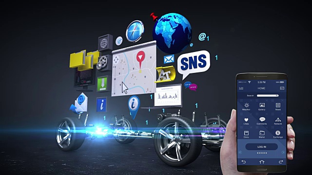 汽车导航信息应用，利用手机，智能手机，汽车信息娱乐系统，汽车娱乐，社交媒体，连接互联网，未来汽车技术。视频素材