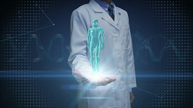 医生打开手掌，放大女性身体和扫描人体肌肉，蓝色x光光。视频素材