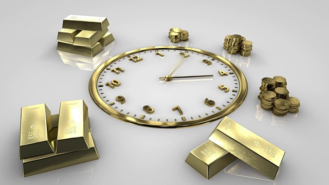 时间就是金钱。时钟时间流逝。金表构成一个完整的圆圈。视频素材