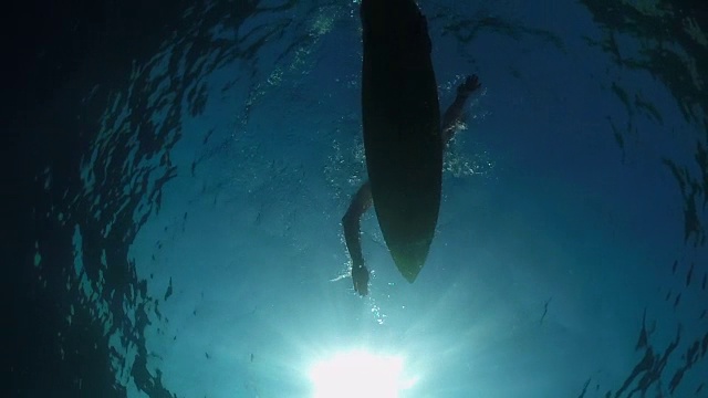 水下慢动作:女性冲浪者在开放水域的海浪上划桨视频素材