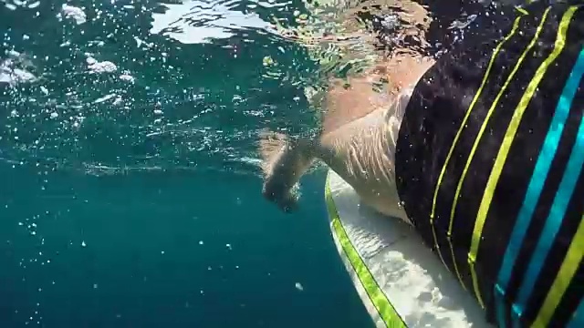 慢动作，水下:强壮的冲浪者享受假期在冲浪板上划桨视频素材