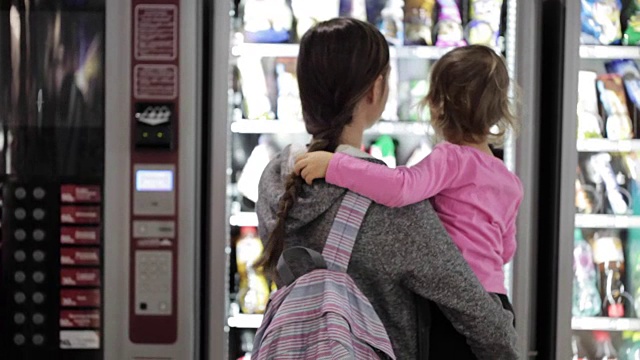 母亲和女儿在机场内的自动售货机选择零食视频下载