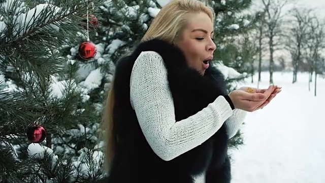 在寒冷的冬天，在松树林里，微笑的女人用手吹雪视频素材