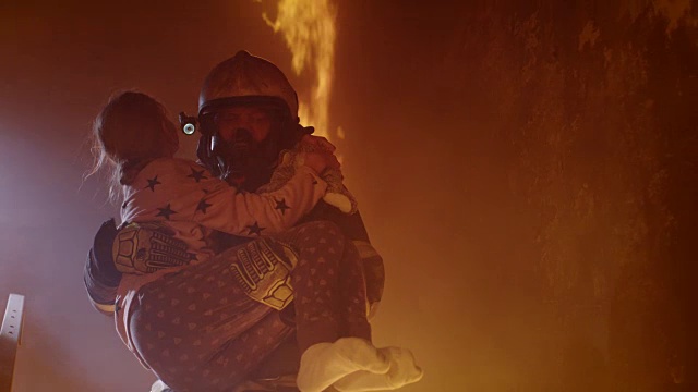 勇敢的消防员抱着一个被救下的女孩走下燃烧的大楼的楼梯。视频素材
