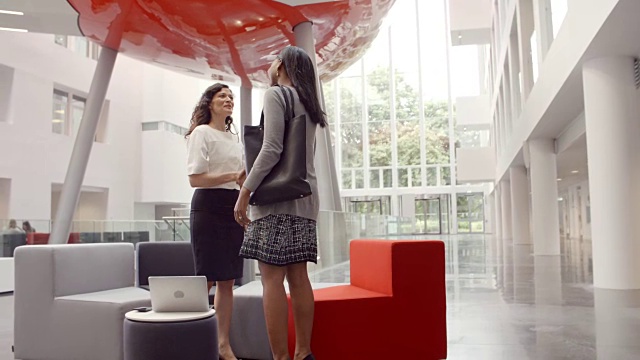 两个女商人在现代办公室的大厅握手视频下载