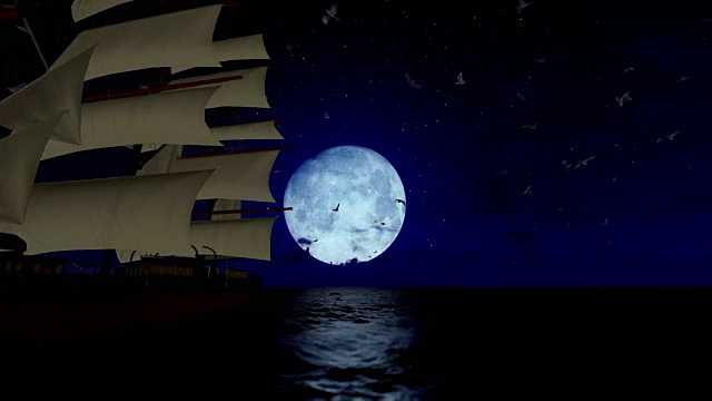 老海盗船远航，美丽的圆月海鸥飞翔，声音包括在内视频素材