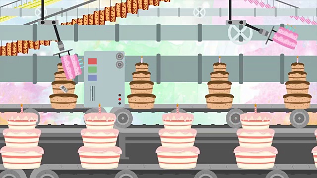 许多生日蛋糕在工厂输送带在卡通风格视频下载