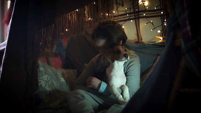 4k拍摄的孩子在毯子下和他的宠物狗玩耍视频素材