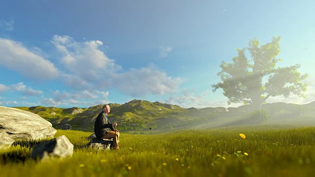 爷爷在绿色的草地上欣赏日落，用摇盘视频素材