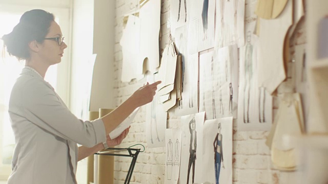 女时装设计师为她的项目选择草图并把它们钉到墙上。她的工作室是Sunny，缝纫机放在桌子上。视频素材