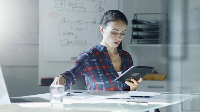 女设计工程师坐在办公室的玻璃桌前，用平板电脑工作，桌上放着设计图。在背景白板与图表和草图。视频素材
