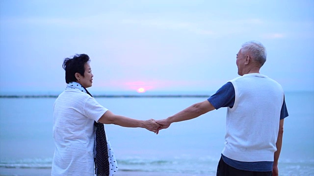 相爱的亚洲老年夫妇在海上日出快乐地在一起视频素材