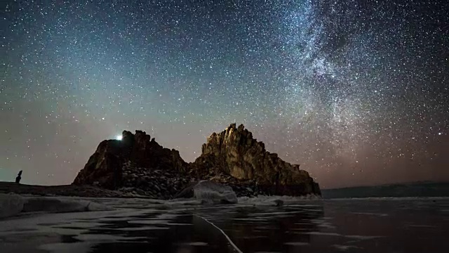 时光流逝，贝加尔湖上繁星点点的天空。视频下载