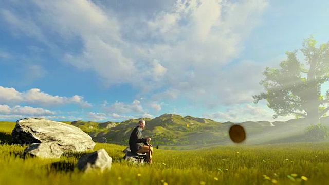 清晨，爷爷在绿色的草地上休息，用淘金盘淘金视频素材