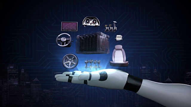 伸展机器人的手臂，电子，锂离子电池回声车。充电汽车电池。环保的未来汽车。发动机、座椅、仪表盘、导航。视频素材