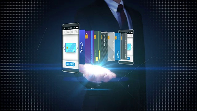商家打开掌心，在智能手机、手机中选择信用卡，移动支付的概念，选择主手机信用卡。视频下载