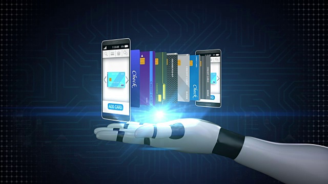 机器人，半机械人手臂，智能手机信用卡选择，手机支付概念，手机信用卡选择。视频下载