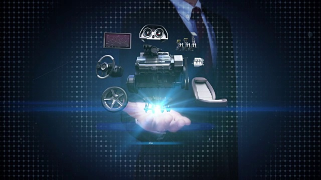 汽车零部件，发动机，座椅，仪表板，导航，油门踏板，音视频系统，轮胎，未来汽车技术。视频素材
