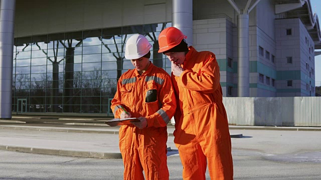 两名身穿橙色制服、头戴钢盔的建筑工人一起检查设计图。背景建筑视频素材