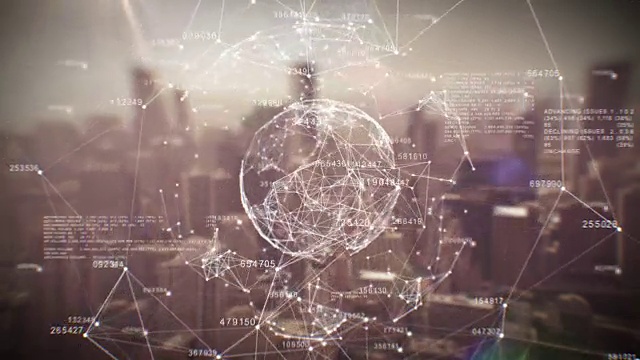 美丽的全球商业全息图。数字球在抽象城市上的循环动画。商业和技术概念。超高清的。视频素材