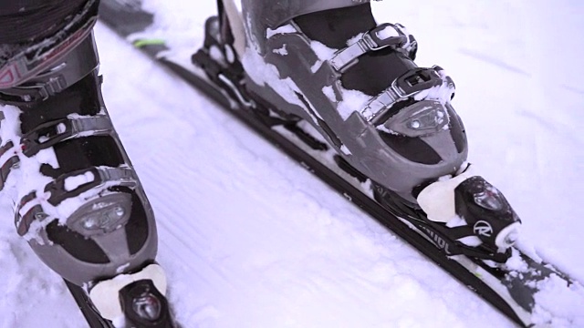 男性腿的特写镜头与新的高山滑雪设备。视频下载