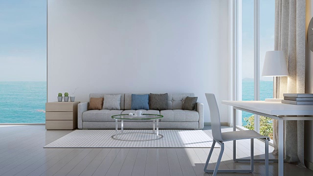 海景卧室，客厅和工作区域在豪华的海滨别墅视频素材