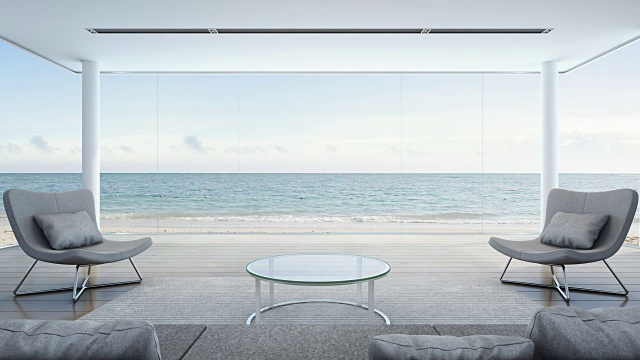 客厅在海滨别墅，现代豪华内饰海景视频素材