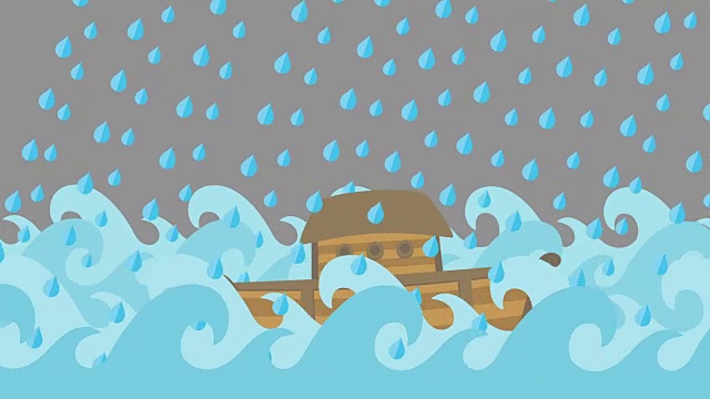 灰色天空下着雨，诺亚方舟在海上航行视频下载