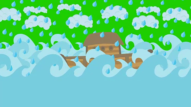 在绿色屏幕上，诺亚方舟在雨中航行视频下载
