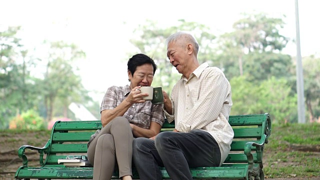 慢镜头快乐的亚洲老夫妇坐在早上的公园喝茶，喝咖啡。交谈并表达爱意视频下载
