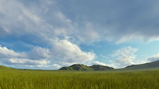 绿草如茵，随风飘动，连绵的山峦与连绵的乌云交相辉映视频素材