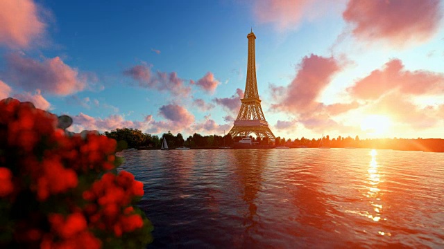 巴黎塞纳河，埃菲尔铁塔映衬着美丽的夕阳视频下载