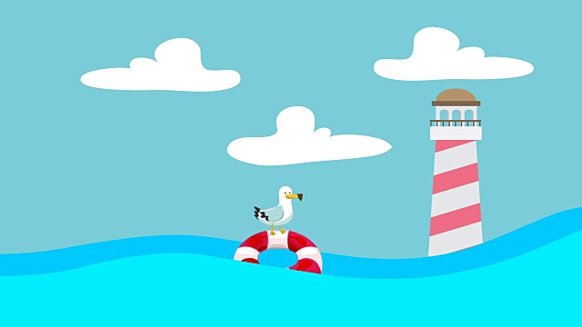卡通海鸥站在一个救生圈上，在海浪之间漂浮着一座灯塔视频下载
