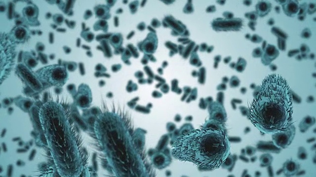 数字生成的细菌细胞在蓝色背景下流动视频下载