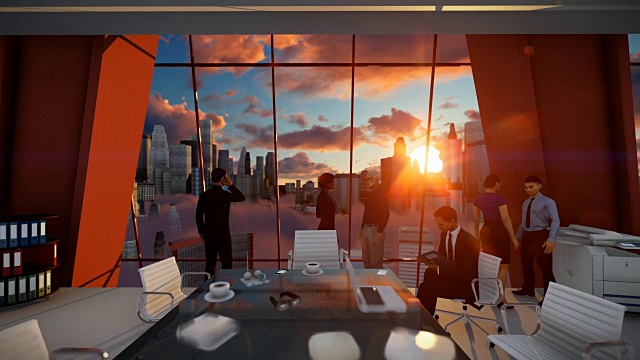 商务人士团队，后视图城市景观在日落，放大视频素材