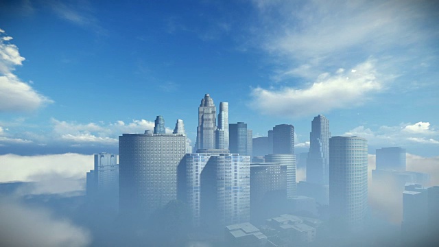 城市的天际线映衬着蓝天，飞过云层视频素材