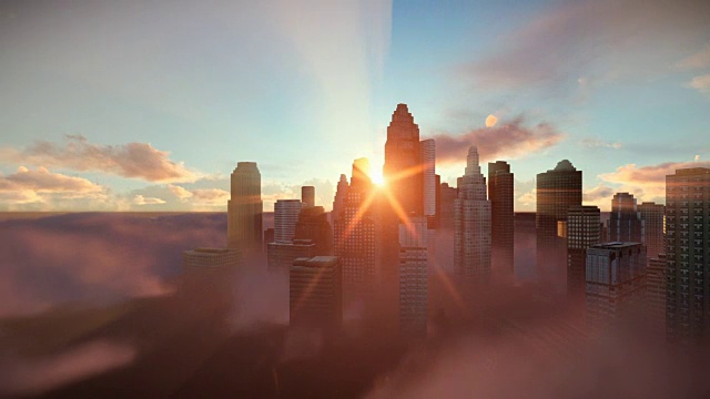夕阳下的城市天际线，飞过云层，摄影车拍摄视频素材