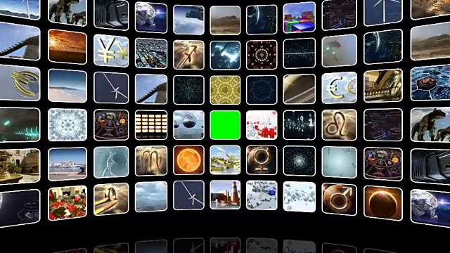 动画曲线视频墙与图标和绿色屏幕。铃声制作成循环播放。三维渲染视频素材
