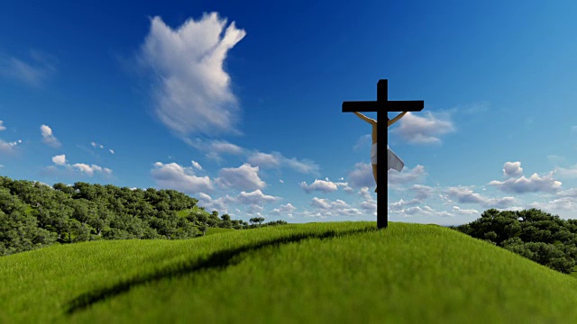 耶稣的剪影与十字架越过蓝色的天空，发光亚光附视频素材