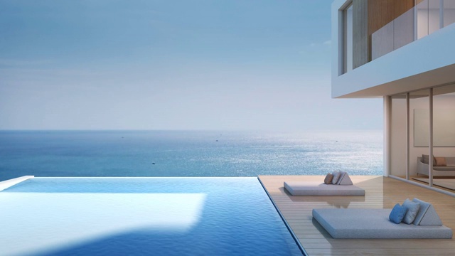 豪华海滨别墅，海景游泳池，现代设计的度假别墅视频素材