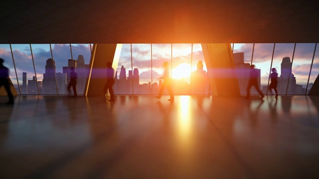 商业人士剪影步行通勤，后视图城市天际线在日落视频素材