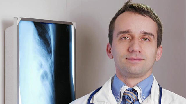一位年轻的医生看着镜头笑了。背景上挂着病人的x光片。衬衫上系着领带，脖子上戴着听诊器视频素材