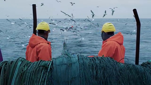 渔民在商业渔船上拖网捕鱼视频素材