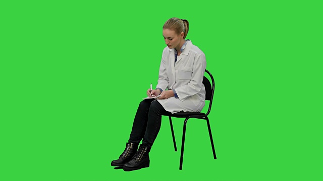 女医生在绿屏上为病人写处方，色度钥匙视频下载