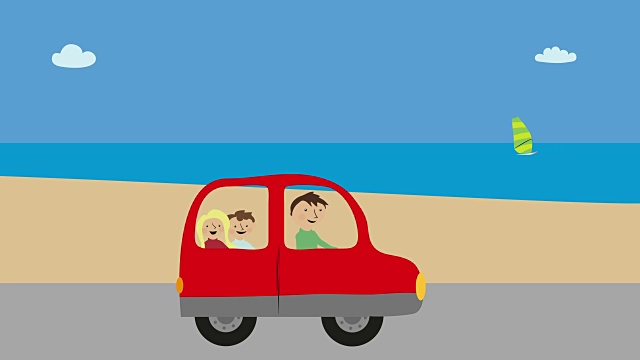 全家带着爸爸和孩子开车去海滩视频下载