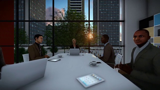 商务团队会议，日落后的城市景观，放大视频下载